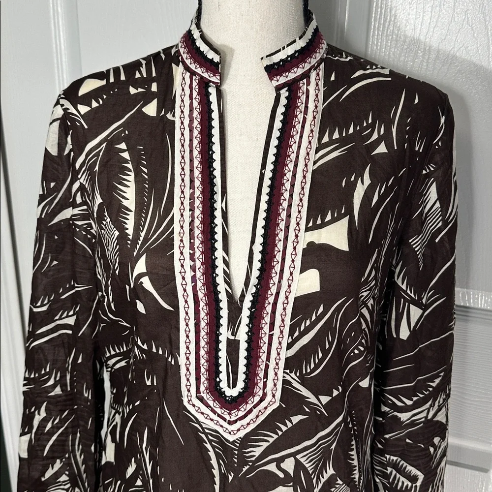 Tory Burch Beach Tunic Brown Palm Fronds Tropical Flamingo Size 6 Sequins - Picture 2 of 12